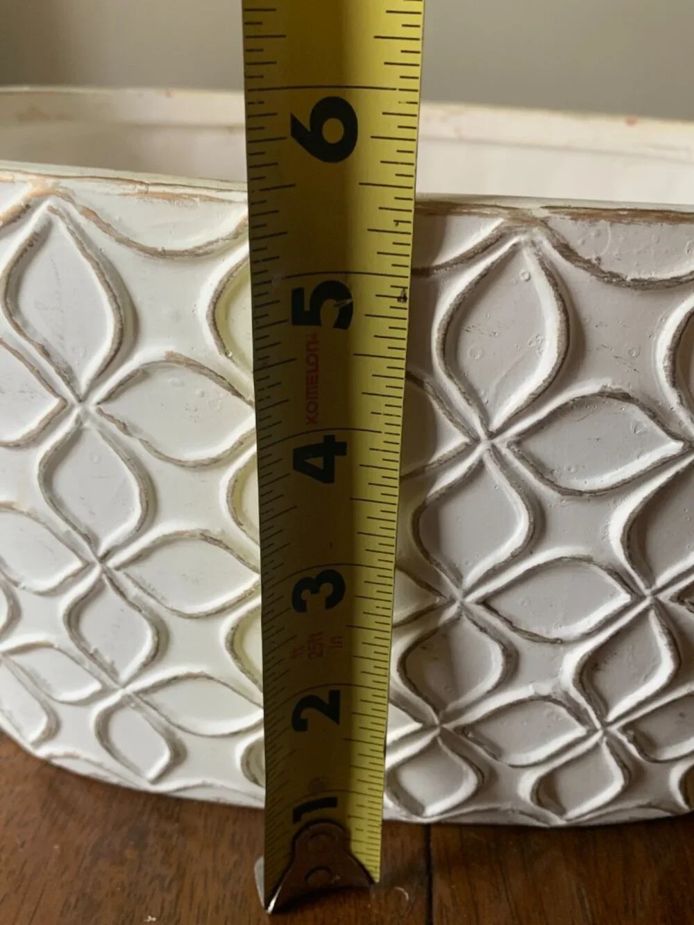 White Off-White Distressed Oval Ceramic Planter Pot Raised Geometric Pattern 10